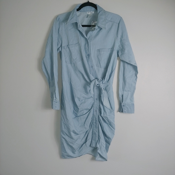 6 NWOT Venus Cotton Chambray Denim Button Down Tie Front Dress - Picture 1 of 4